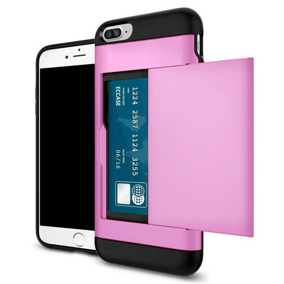Card Slot Holder Wallet iPhone 8 Case - (Pink) Dual Layer Shockproof with Heavy Duty Protection