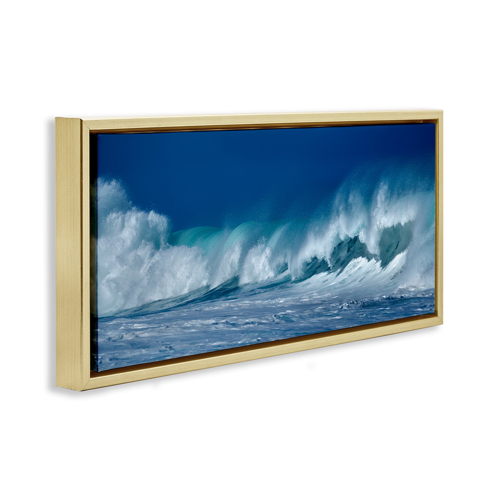 Stupell Industries Panoramic Tsunami Wave Splashing Nature Photography Gold Floater Framed Canvas Art Print Wall Art, 25 x 11
