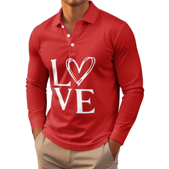 Mens Polos Valentine Heart Print Long Sleeve Shirt Clothes