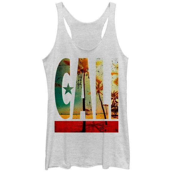 Women's Lost Gods Cali Flag Palm Trees Racerback Tank Top White Heather X Large