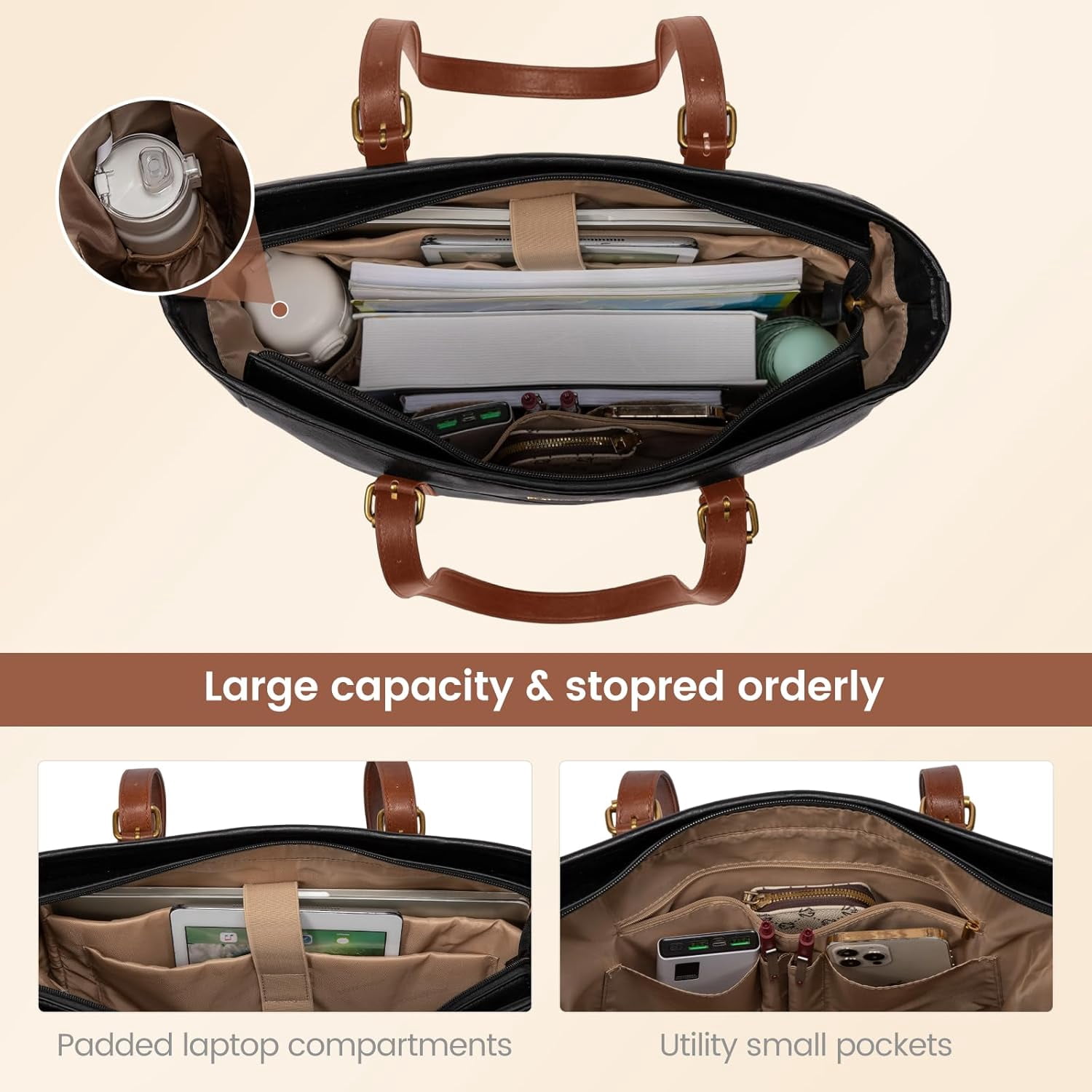 LOVEVOOK Laptop Tote Bag for Women,Vintage Leather Work Tote Bag for Women, 15.6 Inch Computer Briefcase Bag,Waterproof Teacher Business Office