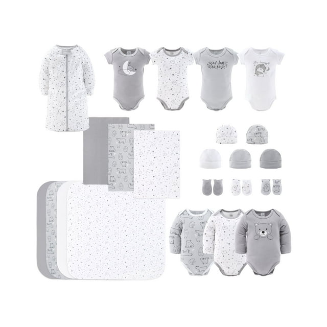 The Peanutshell Newborn Baby Layette Gift Set for Baby Boys and Girls, Shower Gift Essentials, Grey and White Celestial Bears