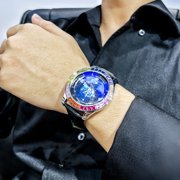Binbond Men's Stainless Steel Leather Link Automatic Wristwatch, Multicolor