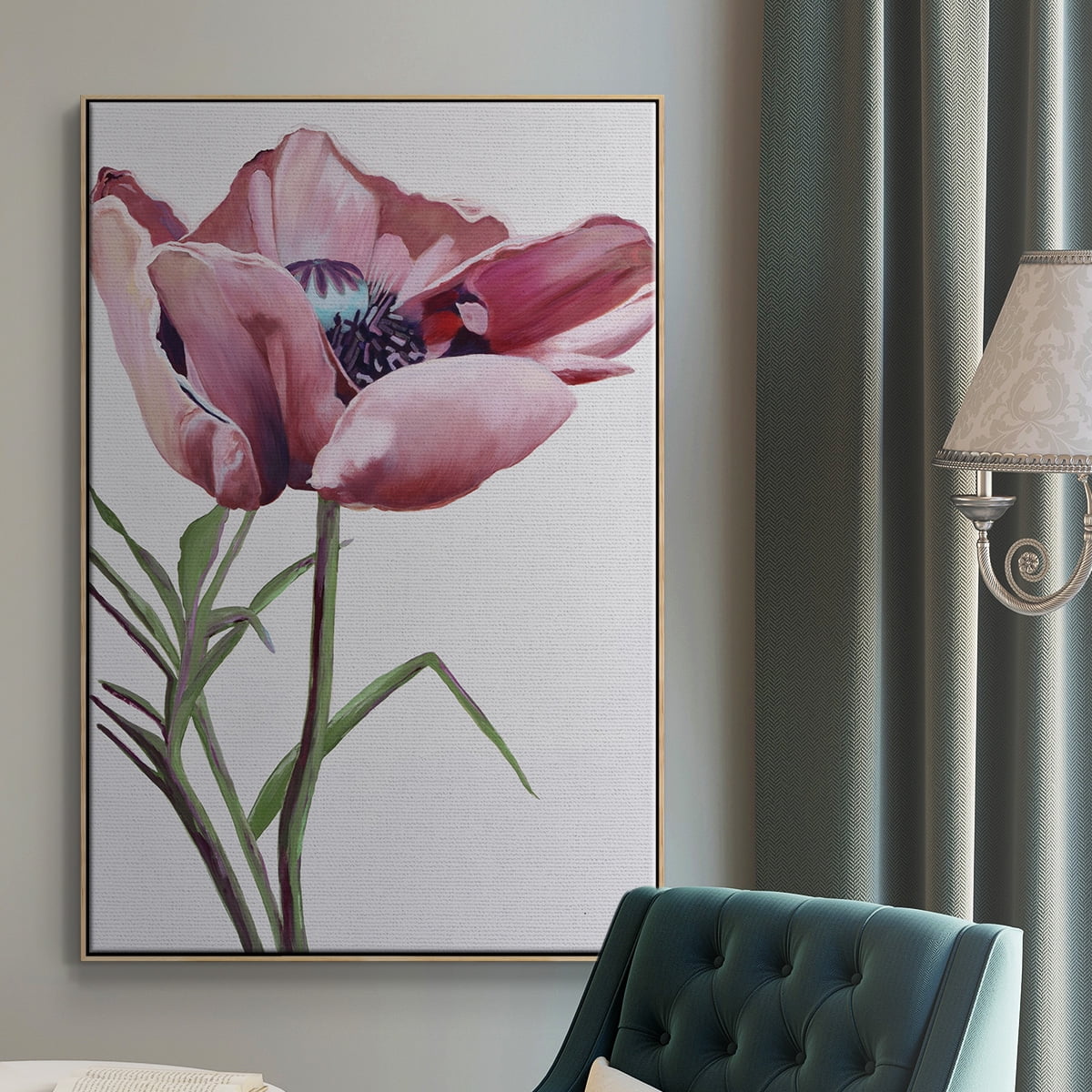 Paris Poppy Framed Premium Gallery Wrapped Canvas - Ready to Hang - 17 x 25 - Natural Wood Floating Frame