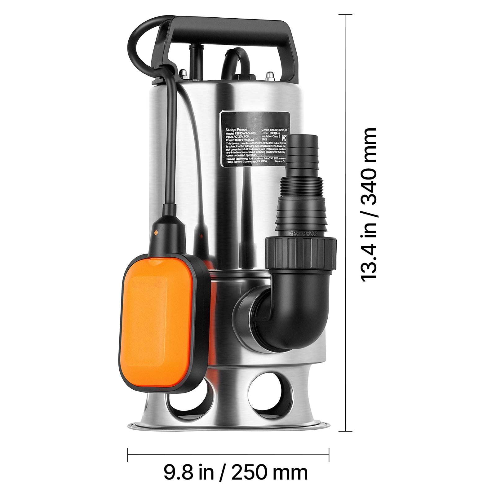 KFFKFF 1 HP Submersible Sump Pump, 5500 GPH, Stainless Steel Water Pump with Float Switch, Extended Cord, 30 ft Lift Capacity, Suitable for Pools, Gardens, Ponds, and Flooded Spaces