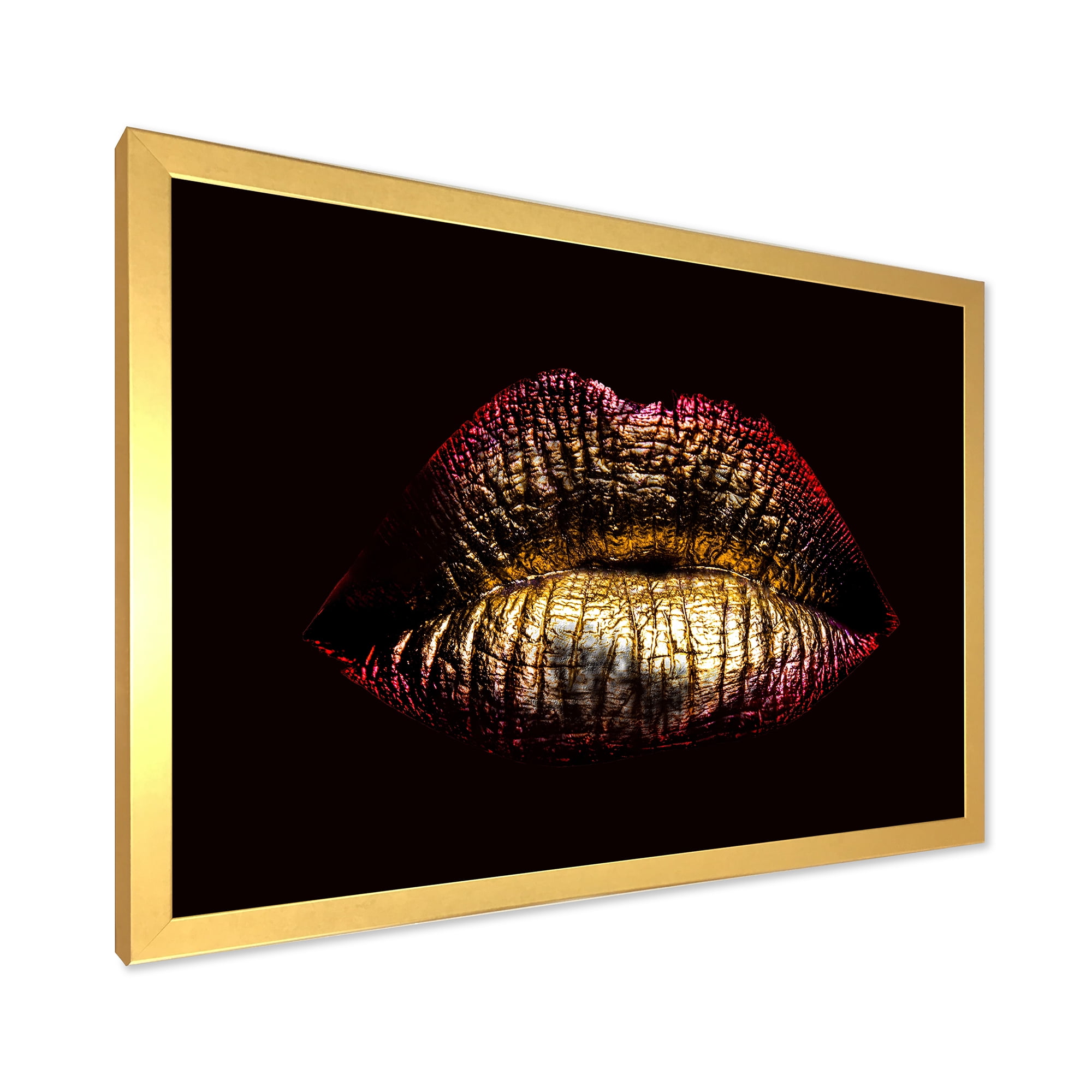 Designart 'Sexy Golden Metallized Woman Lips IV' Modern Framed Art Print