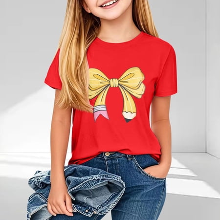 BLTIBY 2025 Girls Boys Summer Short Sleeve Top Child Kid Round Neck Bow Printed Shirts Infant Toddler Fashion Casual Loose Pullover Blouses Red 2-3 Years