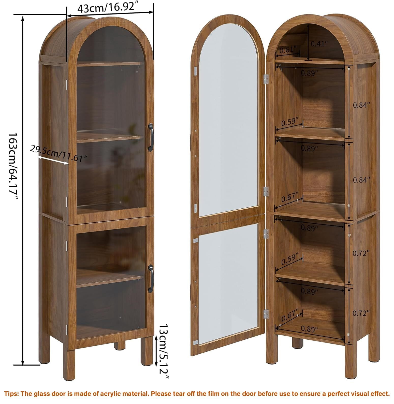 Fsbecl Tall Arched Storage Display Cabinet, Kitchen Pantry Cabinet with Doors, Walnut