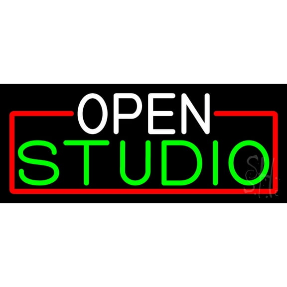 Open Studio With Red Border LED Neon Sign 6 x 15 - inches, Black Square Cut Acrylic Backing, with Dimmer - Bright and Premium built indoor LED Neon Sign for art gallery, and exhibition.