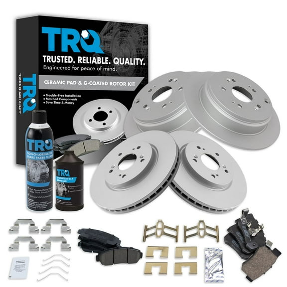 TRQ Front & Rear Ceramic Brake Pad & Coated Rotor Kit w/Fluids for Honda CRV BKA23118