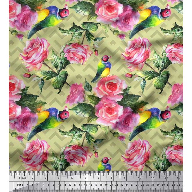Soimoi polyester Crepe Fabric Bird,Leaves & Rose Floral Print Sewing Fabric Yard 52 Inch Wide