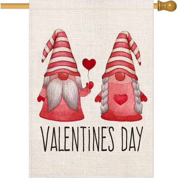 Valentine''s Day Couple Gnome House Flag 28 x 40 Inch Double Sided Burlap Yard Flag Red Love Heart Balloon Decorative Outdoor Flag Anniversary Wedding Decoration (HF-G)