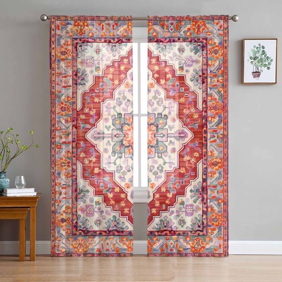 Orange Red Boho Sheer Curtains 63 Inch Length 2 Panels Set for Living Room/Bedroom, Vintage Flower Tribal Distressed Printed Curtain Sheers Drapes Rod Pocket Curtains Window Treatment Set 52''x63''x2