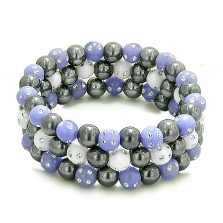 - Amulets Set of 3 Individual Simulated Hematite Magnetic Bracelets Purple White Sparkling Beads Crystals