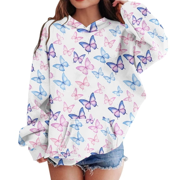 Hpapadks Girls Hoodies Girls Butterfly Graphic Hoodie Long Sleeve Pullover Toddler Sweatshirt White 5-6 Years