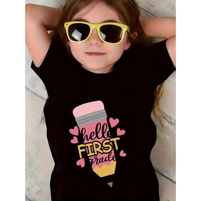 T-Shirt Graphique Hello School pour Filles de Première Année - Tee-Shirt de Classe, Chemise en Coton Extensible Doux, Tenues de Rentrée - Tissu Lavable en Machine, Respirant, Imprimé Dessin Animé, Ajustement Confortable, Manches Courtes
