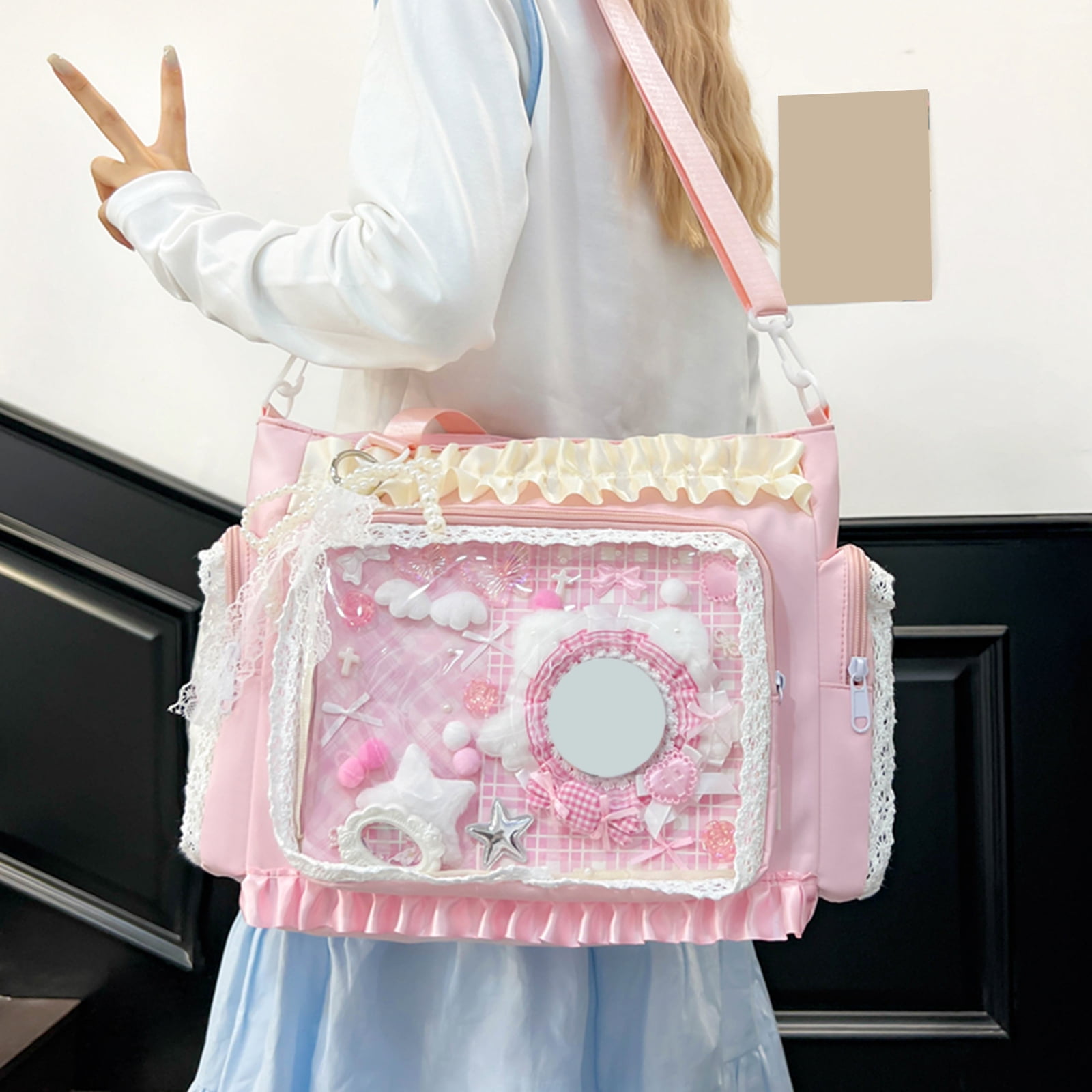 HUISZJ Transparent Square Ita Bag, Lolita Messenger Bag with Zipper & Pendant, DIY Badge Crossbody Bag Student Tote Bag for Shopping Travel Work Daily (Pink)