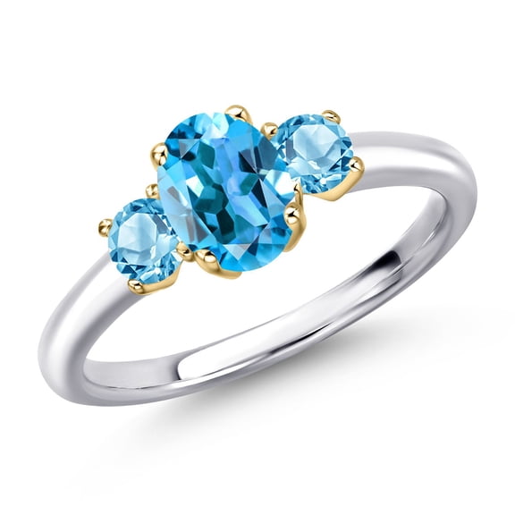 Gem Stone King 925 Silver and 10K Yellow Gold Swiss Blue Topaz Engagement Ring for Women | 1.40 Cttw | Oval 7X5MM | Gemstone November Birthstone | Size 8