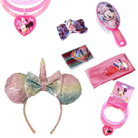 Bow Ear Jack Charm Minnie Mouse Ears Sequin Bows 17 Peice Set Unicorn Horn Minnie Mouse Headband with Minnie Mouse Hair Brush, Hair Bow, 12 Hair Ties, and Headband and Minnie Charm Bracelet ()