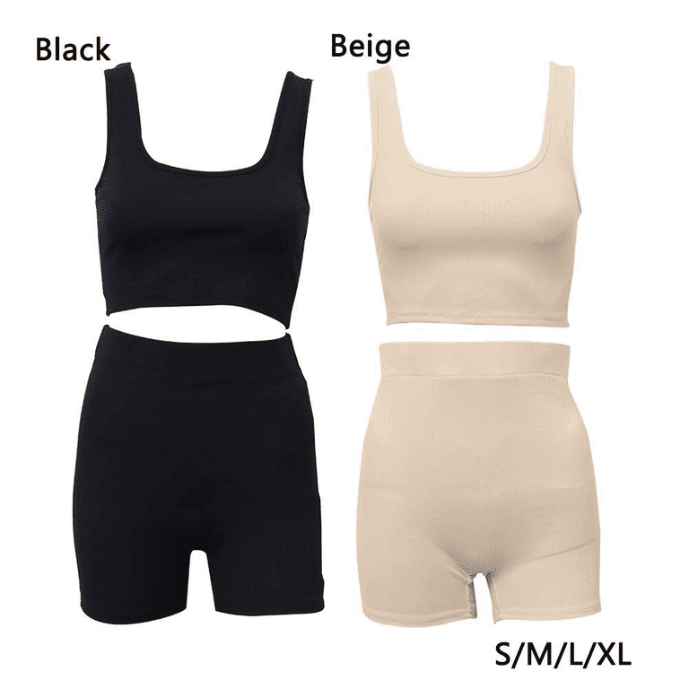 Women's Workout Sets Ribbed Tank 2 Piece Seamless High Waist Gym Outfit Yoga  Running Shorts Sets 