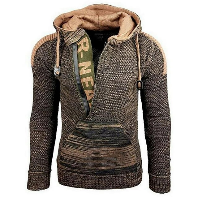 WREESH Men's Fall Winter Sweater Loose Large Size Mixed Color Sweater Hooded Pullover Sweater