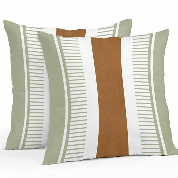 Boho Sage Outdoor Pillow Covers Pack of 2 Green and Brown Striped Geometric Retro Farmhouse Waterproof Throw Pillow Covers Decorative Cushion Cases for Patio Garden Tent Balcony Couch 26x26 inch
