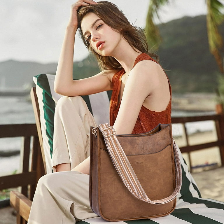 Hkcluf Crossbody Bag for Women Vegan Leather Designer Hobo Handbags Fashion Shoulder Bucket Cross body Purse with 2pcs Adjustable Guitar Strap