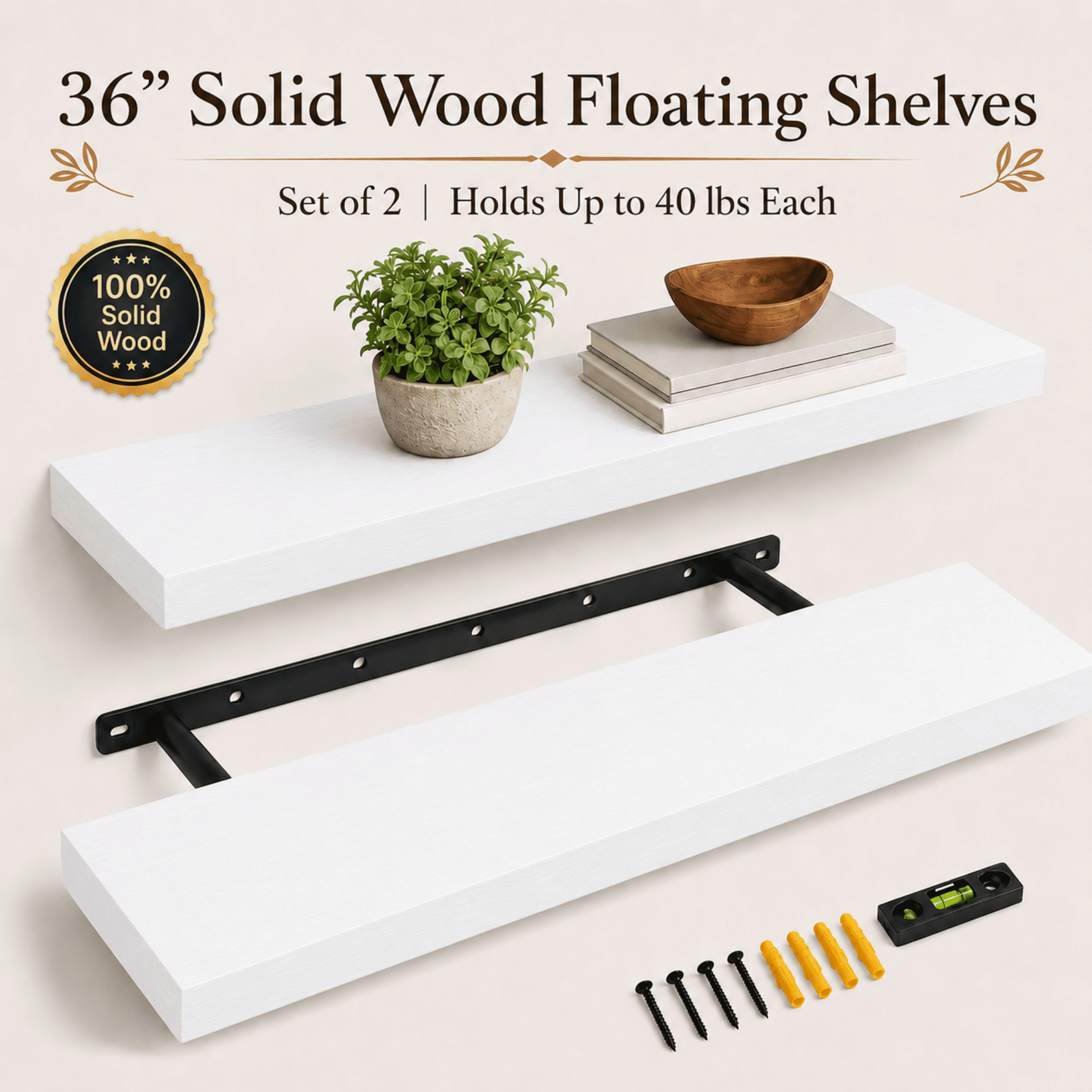 MEHOOM 36" Rustic Solid Wood Floating Shelves for Wall Set of 2, White Book Shelves,Wall Shelves for Bathroom,Bedroom,Living Room,Kitchen,Study Room, Kids Room, Farmhouse Decor