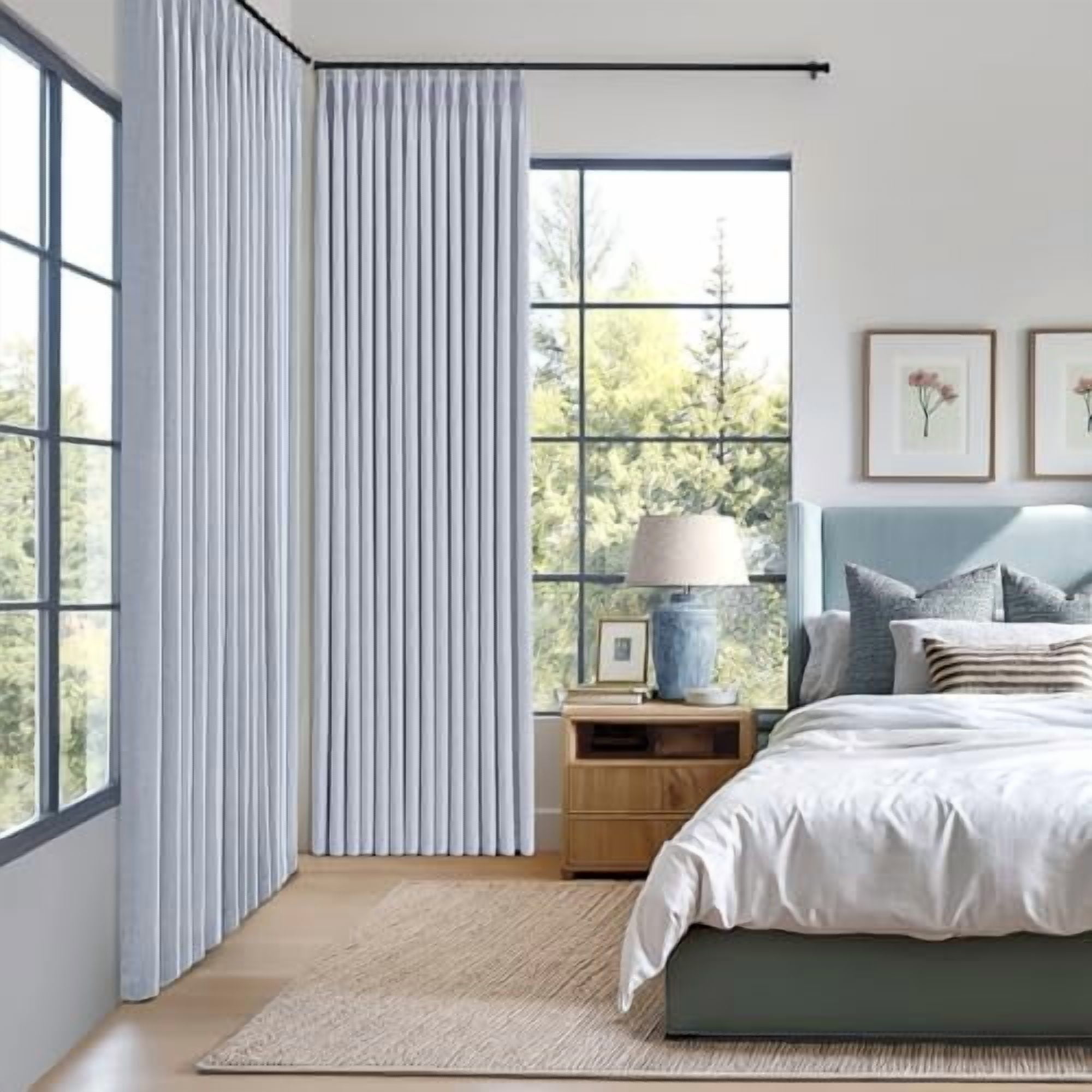 Chambray Blue Pinch Pleated 100% Blackout Linen Curtains for Bedroom, Room Darkening Memory Trained Light Blocking Window Curtain 84 inches Long for Living Room, Black Out Pleat Drape, 2 Panels