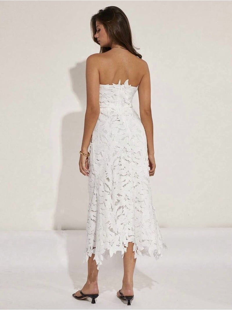 lace scallop bodycon dress Sequin Scallop Lace Midi Dress - Champagne