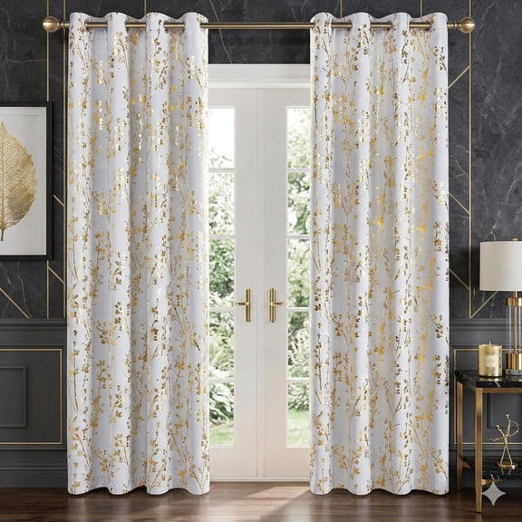 NICETOWN 100% Blackout Curtains 84 Inch Length Gold White Foil Branch Grommet Full Room Darkening Curtains, Thermal Panels Curtains for Bedroom & Living Room, 2 Panels