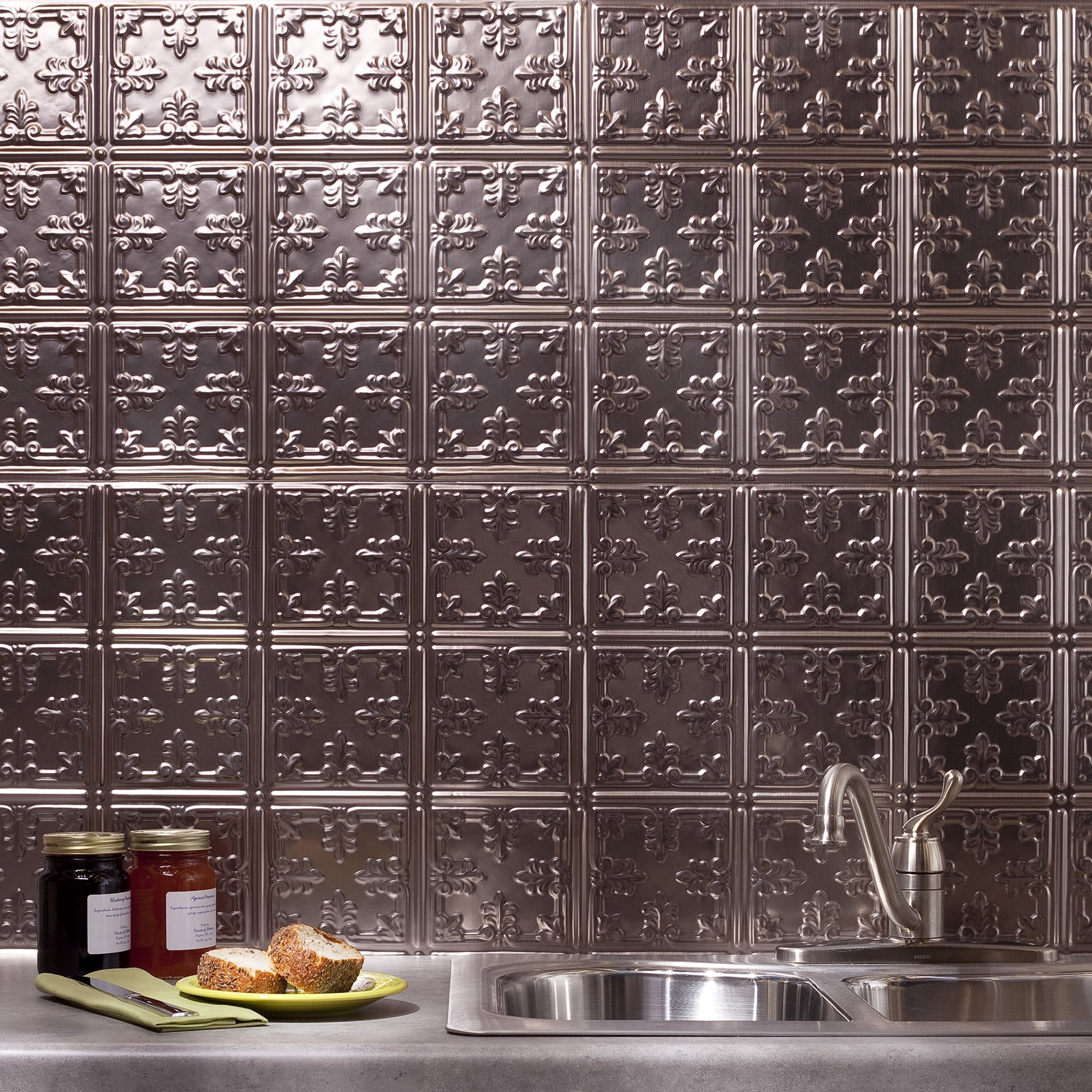 FASÄDE Traditional Style/Pattern 10 Decorative Vinyl 18in x 24in Backsplash Panel in Brushed Nickel (5 Pack)