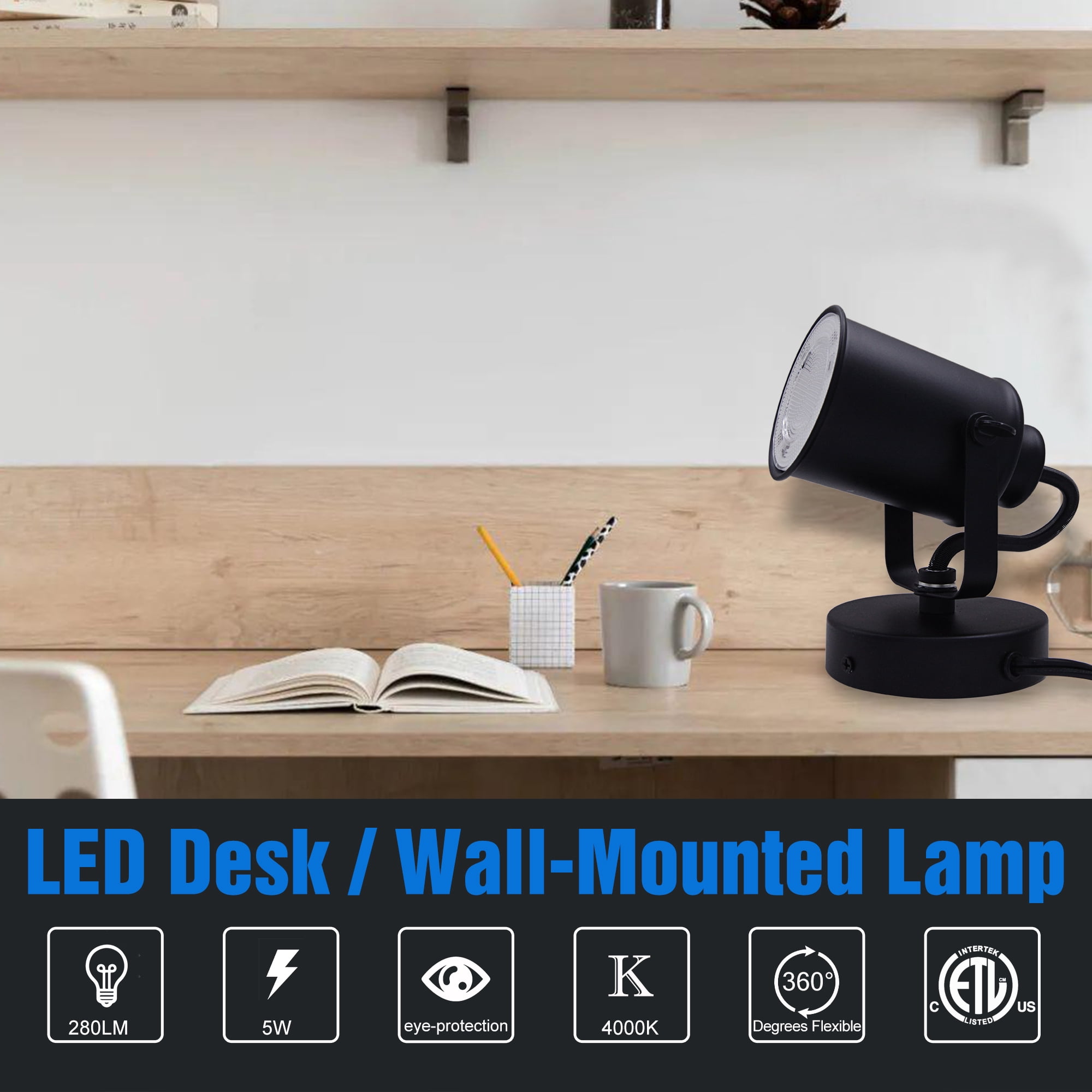 MingBright LED Desk Lamp with Shake on Switch, 360 Degree Rotation Black Table Light with 2-Prong Power Cord, Eye Protection Desk Lamps for Reading, Office or School