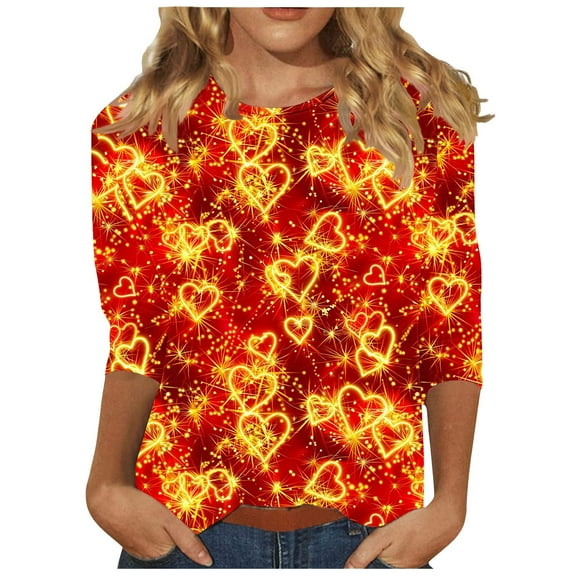 Glitter Heart Print Tops for Women Valentine's Cute Crewneck 3/4 Sleeve T-Shirt Fashion Holiday Tee