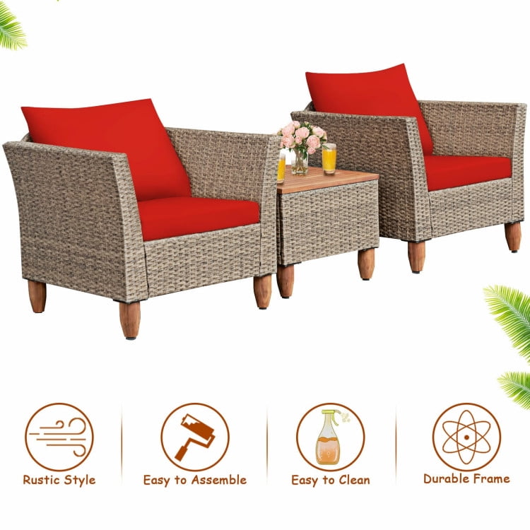 Aimee Lii 3 Pcs Outdoor Patio Rattan Furniture Set with Coffee Table, Modern Patio Furniture, Red Aimee Lii 3 Pcs Outdoor Patio Rattan Furniture Set with Coffee Table, Modern Patio Furniture, Red