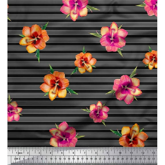 Soimoi Black Cotton Duck Fabric Stripe & Freesia Floral Decor Fabric Printed Yard 42 Inch Wide