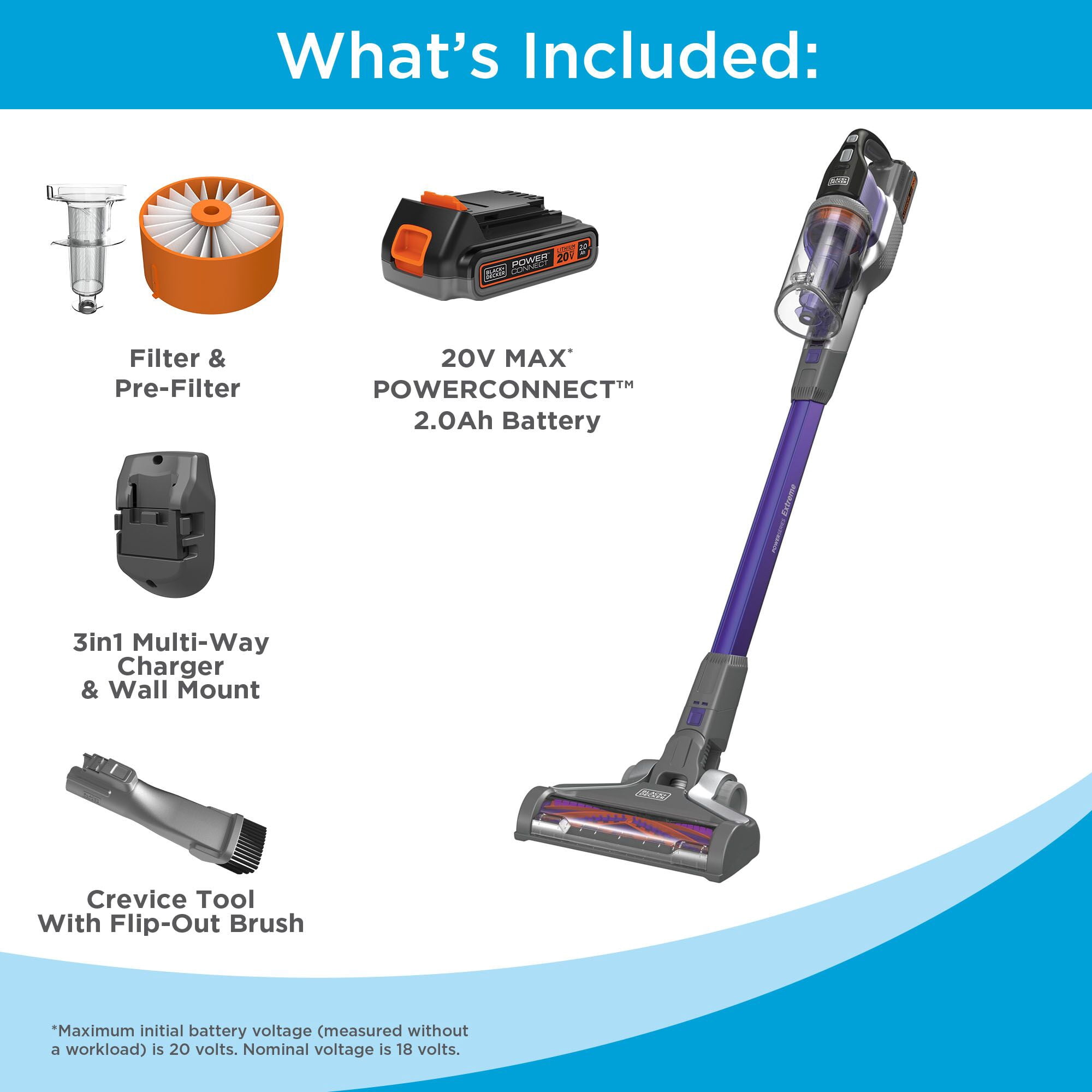BLACK+DECKER POWERSERIES Extreme 20V Max Cordless Pet Stick Vacuum, for Carpet and Hard Floors, with Anti-Tangle Brush, 55 Minute Run-Time, BSV2020P