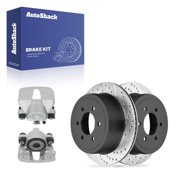 AutoShack Rear Vented Drilled & Slotted E-Coated Brake Rotors   Calipers 4-PC Brake Kit Replacement 2004 Ford F-150 Heritage ShadowGuard 13.66" (346.9 mm)