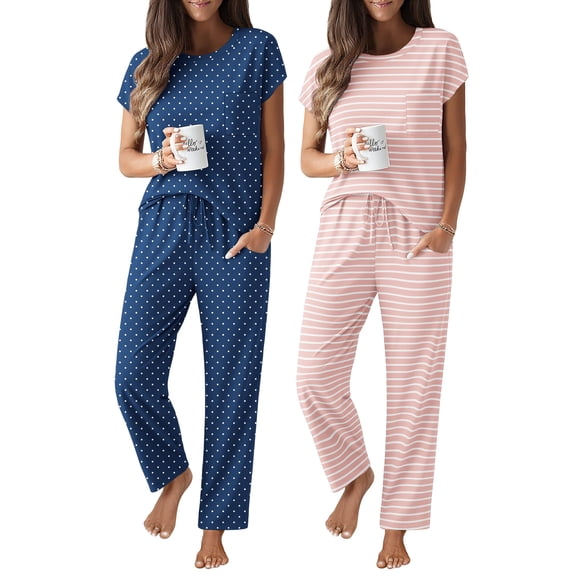 Ekouaer 2 Packs Pajamas for Women Set Cap Sleeve Top and Pants Soft Sleepwear Comfy Pjs Set with Pockets Loungewear