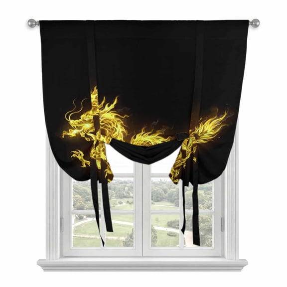 Dragon Flames Tie Up Curtains for Windows, Adjustable Balloon Window Shades, Yellow Dragons Abstract Modern Art Kitchen Window Treatments Farmhouse Short Curtains with Rod Pocket 42"x45"