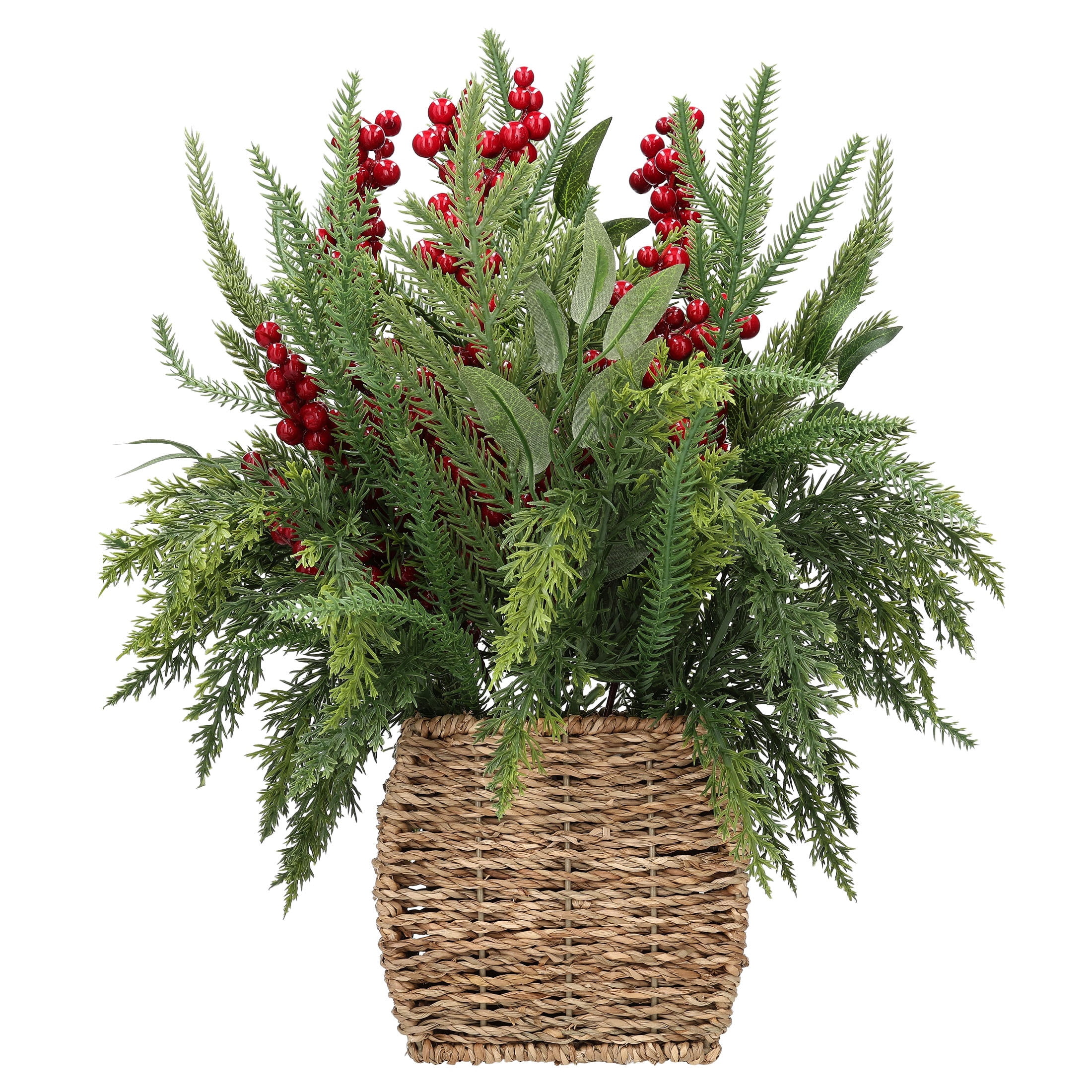Berry and Greenery Arrangement in Woven Basket Christmas Decoration, Multicolor, 15.5", by Holiday Time