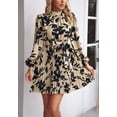 thumbnail image 4 of High Neck Floral Print Pleated Dress for Women Above Knee Length Khaki Small, 4 of 5