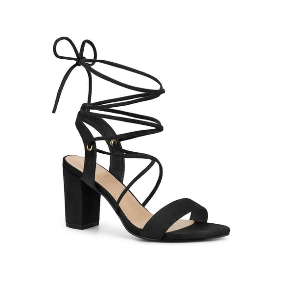BLISSFUL STEP Lace Up Slingback Block High Heels Sandals for Women