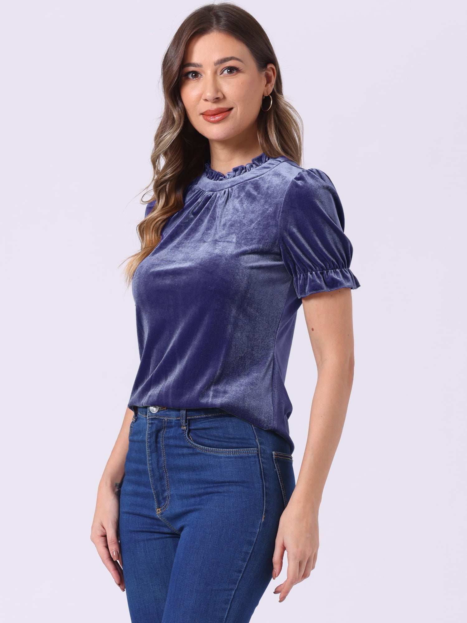DARING DIVA Women's Ruffle Collar Shirt Velvet Tops Blouse S Dusty Purple Blue