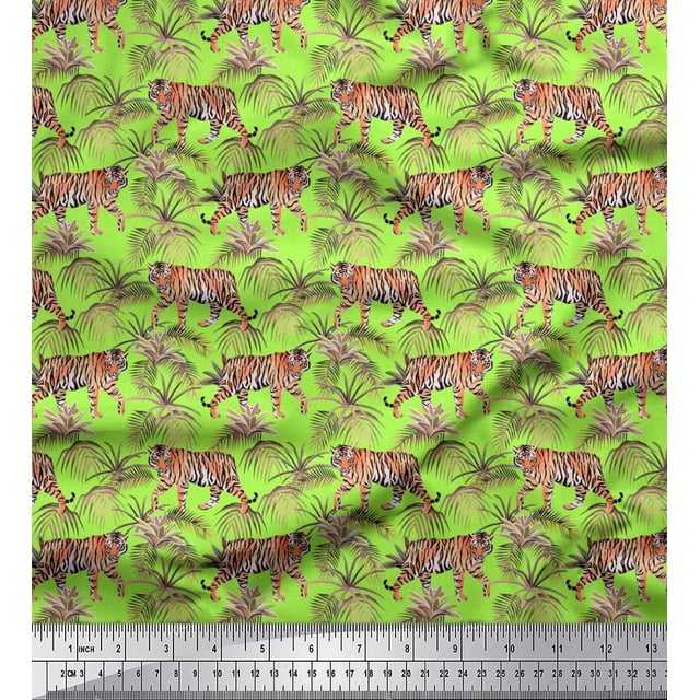 Soimoi Poly Georgette Fabric Leaves & Tiger Jungle Decor Fabric Printed Yard 52 Inch Wide