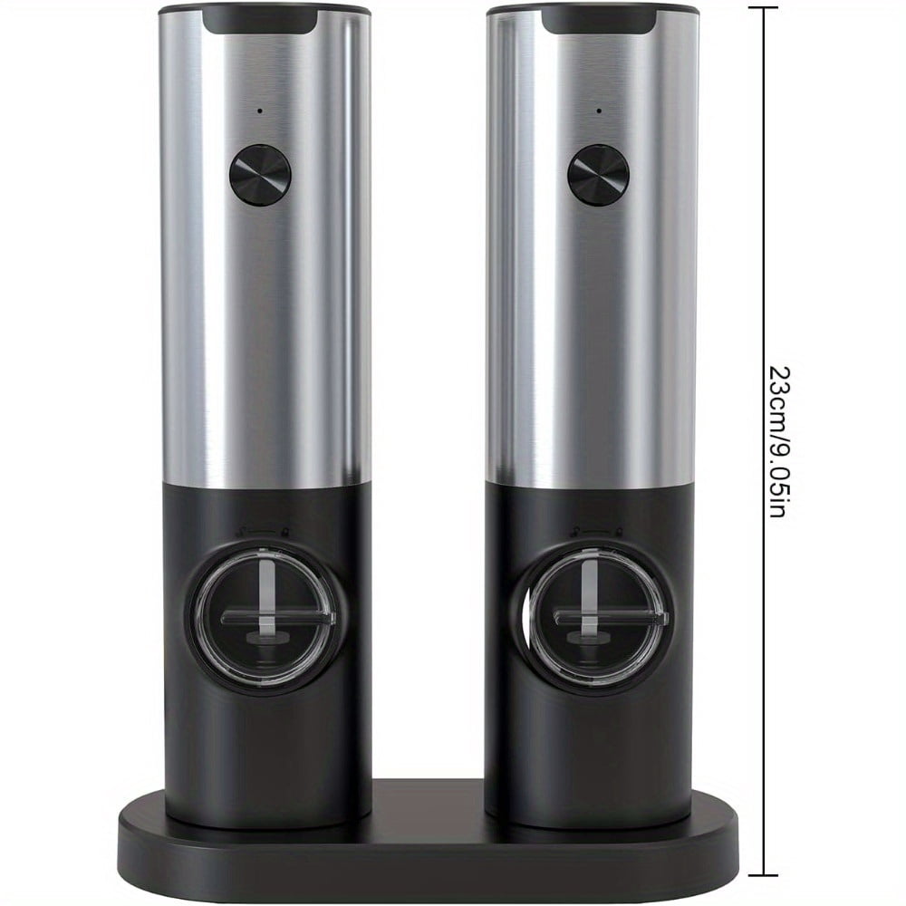 Electric Gravity Salt and Pepper Grinder Set with Rechargeable Base, Refillable Spice Automatic Pepper Mill Shakers Set, Adjustable Coarseness, Battery Powered with LED Light, 2 Pack