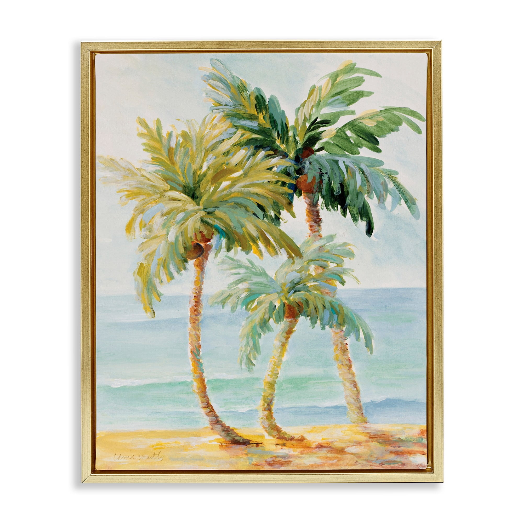 Stupell Industries Tropical Palm Trees on Coastal Beach Sand Metallic Gold Framed Floating Canvas Wall Art, 24x30, by Lanie Loreth