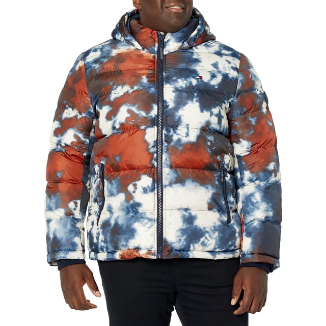 Chaqueta Tommy Hilfiger para hombre, con capucha, acolchada, azul marino/naranja, talla L