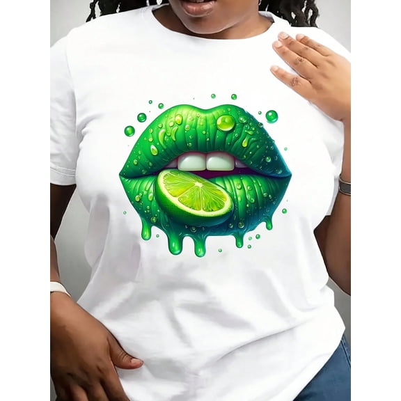 Women's Green Lips Lime Graphic T-Shirt Summer Short Sleeve White Tee