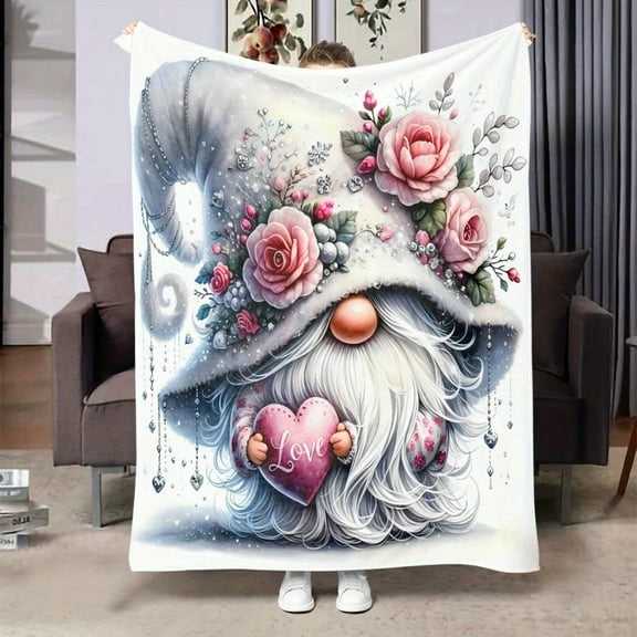 Whimsical Gnome "Love" Plush Fleece Blanket Ultra-Soft Flannel Throw Floral & Heart Design Valentine's & Christmas Gift Hand Wash Only Romantic Gift Item Floral Pattern